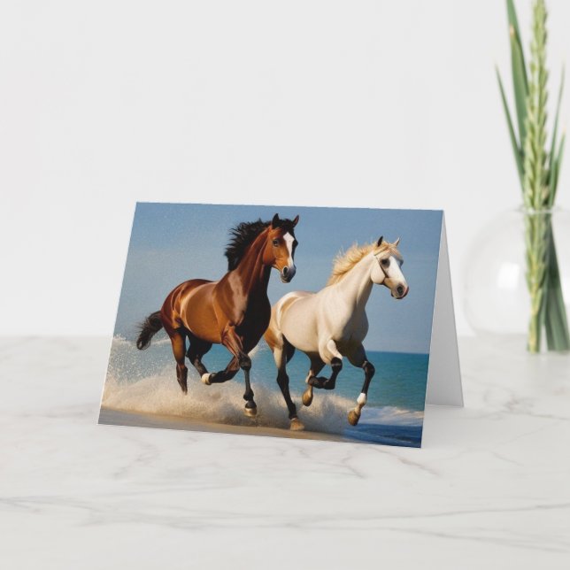 Happy Birthday two horse galloping at the beach Thank You Card (Front)