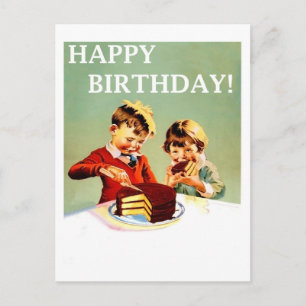 Happy birthday, two kids are eating cake, vintage postcard