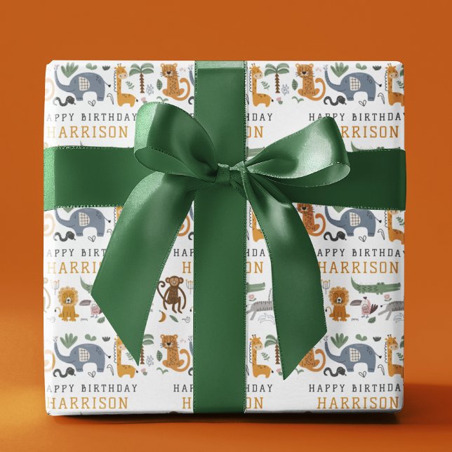 Happy Birthday Two Wild Safari Animals Personalise Wrapping Paper (Creator Uploaded)