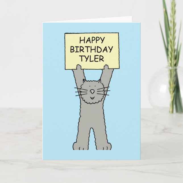 Happy Birthday Tyler Cartoon Cat Card (Front)