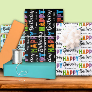Happy Birthday Typography Custom Name Wrapping Paper Sheet