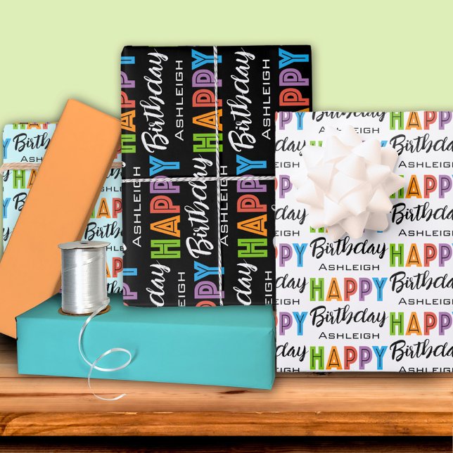 Happy Birthday Typography Custom Name Wrapping Paper Sheet (Creator Uploaded)