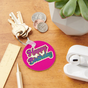 Happy Birthday Typography Design in Pink, Purple a Key Ring