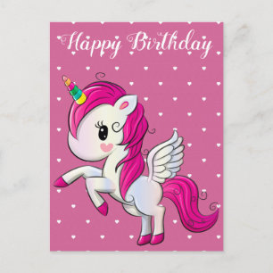 Happy birthday, unicorn and hearts, custom postcard