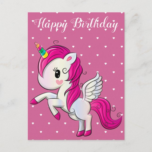 Happy birthday, unicorn and hearts, custom postcard (Front)