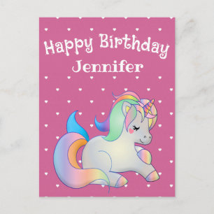 Happy birthday, unicorn and hearts pink girly postcard