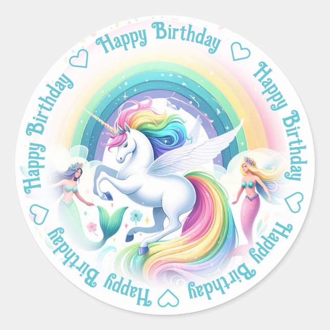 Happy Birthday Unicorn and Mermaids Classic Round Sticker (Front)