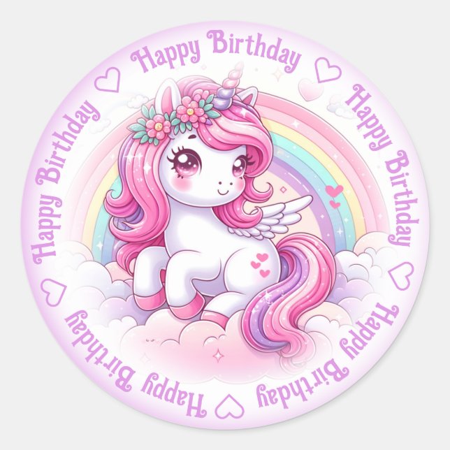 Happy Birthday Unicorn Classic Round Sticker (Front)
