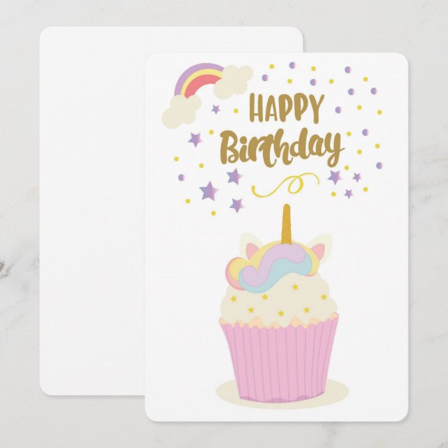 Happy Birthday Unicorn Cupcake Holiday Card (Front/Back)