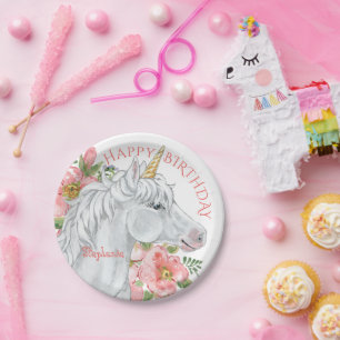 Happy Birthday Unicorn Pretty Floral Personalised Paper Plate
