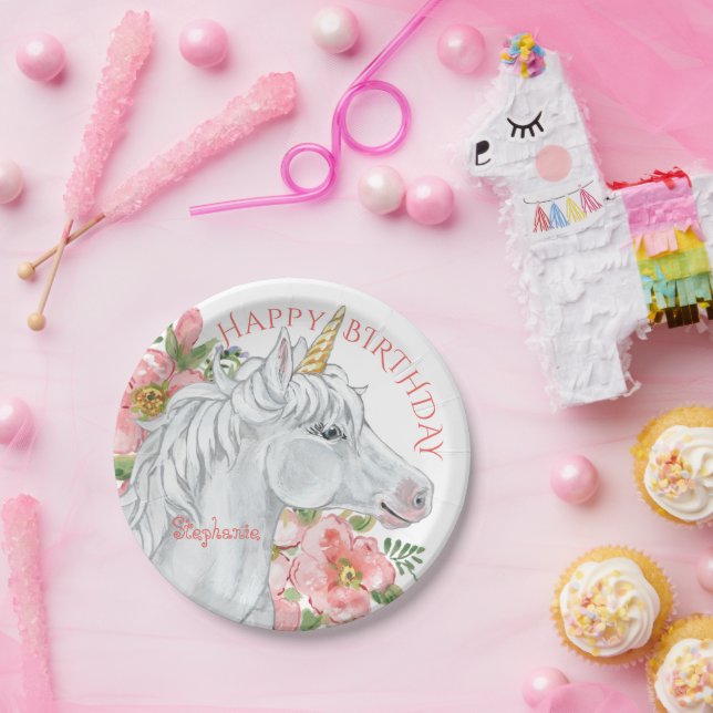 Happy Birthday Unicorn Pretty Floral Personalised Paper Plate (Party)