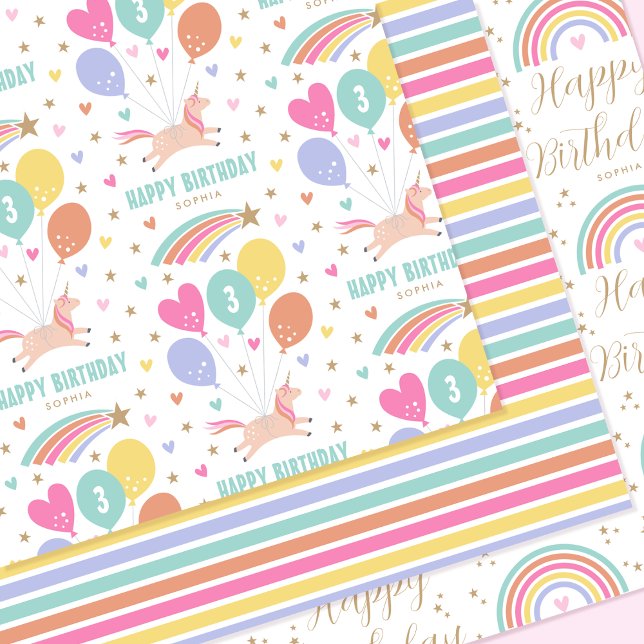 Happy Birthday Unicorn Rainbow Any Age Kids Name Wrapping Paper Sheet (Creator Uploaded)