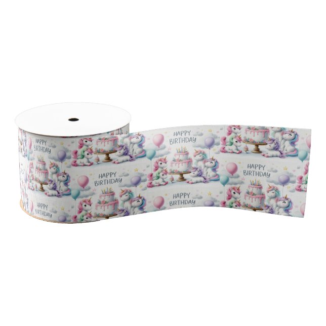 Happy Birthday Unicorn Themed Grosgrain Ribbon (Spool)