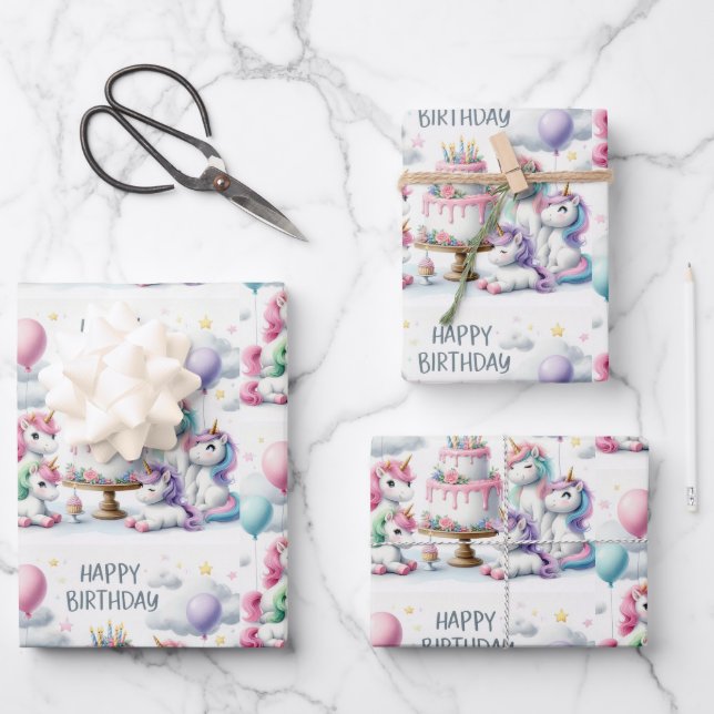 Happy Birthday Unicorn Themed Wrapping Paper Sheet (Front)