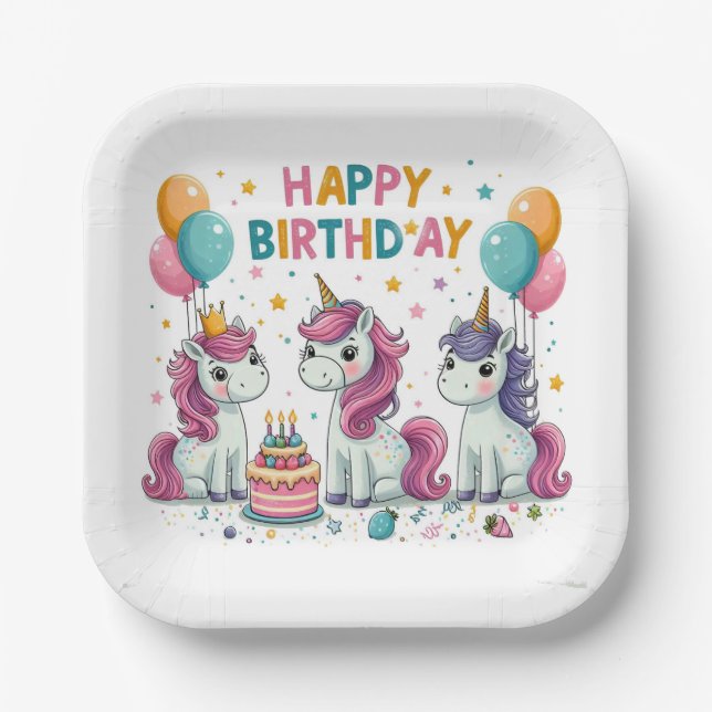 Happy Birthday Unicorns Paper Plate (Front)