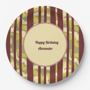 Happy Birthday Urban Camouflage Stripe Pattern Paper Plate