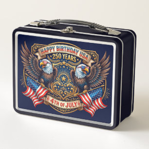 Happy Birthday USA 250 Years Patriotic Eagles Metal Lunch Box