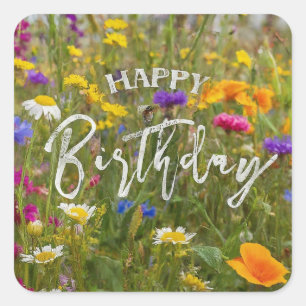 Happy Birthday Vibrant Colourful Spring Flowers Square Sticker
