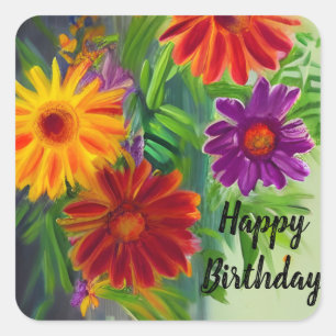 Happy Birthday Vibrant Colourful Spring Flowers Square Sticker