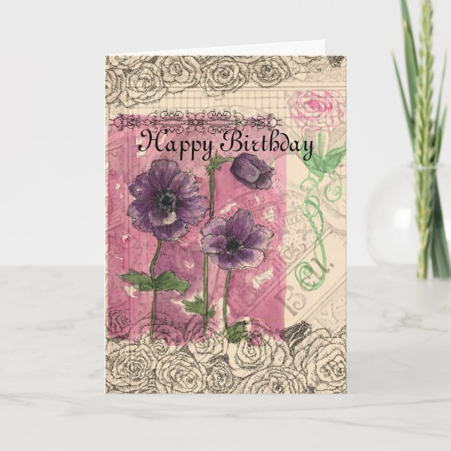 Happy Birthday Victorian Flower Collage Art Card (Front)