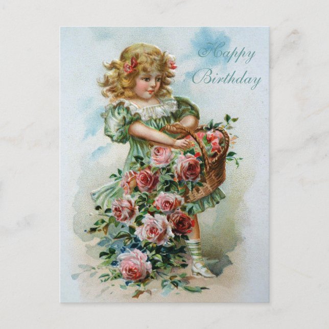 Happy Birthday Victorian Post Card Pink Roses (Front)