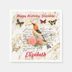 Happy Birthday Vintage Bird, Flowers Old Art, Vs 2 Napkin