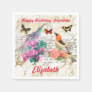 Happy Birthday, Vintage Birds, Flowers Old Letters Napkin