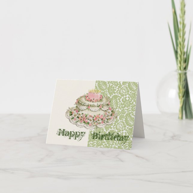 Happy Birthday Vintage Cake Card (green/pink) (Front)