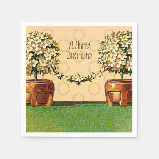 Happy Birthday Vintage Flowering Pots Paper Napkin