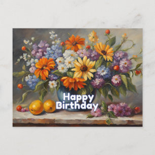 Happy Birthday Vintage Flowers and Fruit Postcard