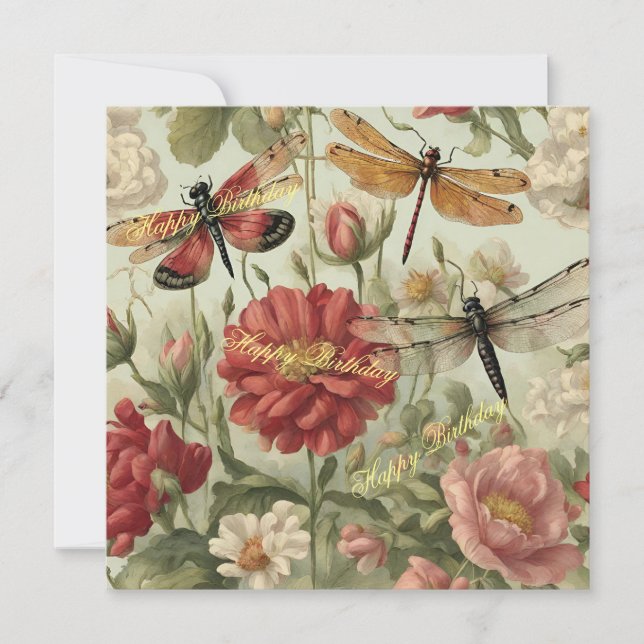 Happy Birthday Vintage Flowers, Dragonflies Nature Card (Front)