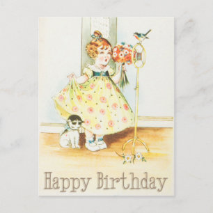 Happy Birthday Vintage Girl and Cat Postcard