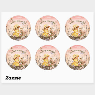 Happy Birthday Vintage Girl Flowers in Basket Classic Round Sticker