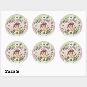 Happy Birthday Vintage Girl In Daisy Frame Classic Round Sticker