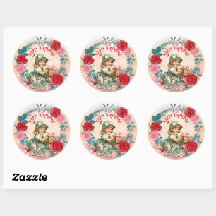 Happy Birthday Vintage Girl In Roses Frame Classic Round Sticker