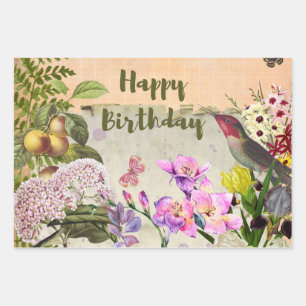 Happy Birthday Vintage Nature Composition   Wrapping Paper Sheet