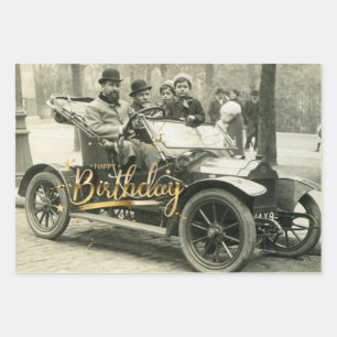 Happy Birthday Vintage Old Car and People    Wrapping Paper Sheet