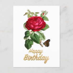 Happy Birthday Vintage Red Rose with Butterfly Postcard