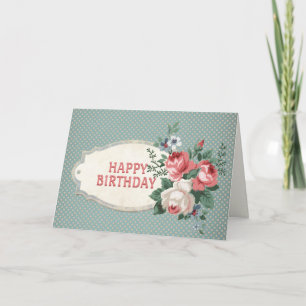 Happy Birthday Vintage Rose Pink Blue Dot Flower Card