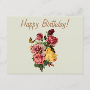 Happy Birthday Vintage Roses and Butterfly Postcard