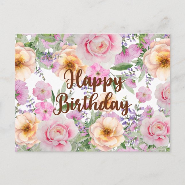 Happy Birthday Vintage Roses and Wildflowers  Postcard (Front)