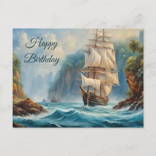 Happy Birthday Vintage Sail Ship near Island  Postcard