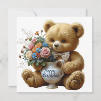 Happy Birthday Vintage Teddy Bear with Flowers