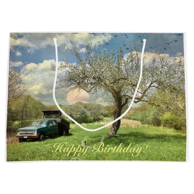Happy Birthday Vintage Truck Sunset Large Gift Bag (Front)