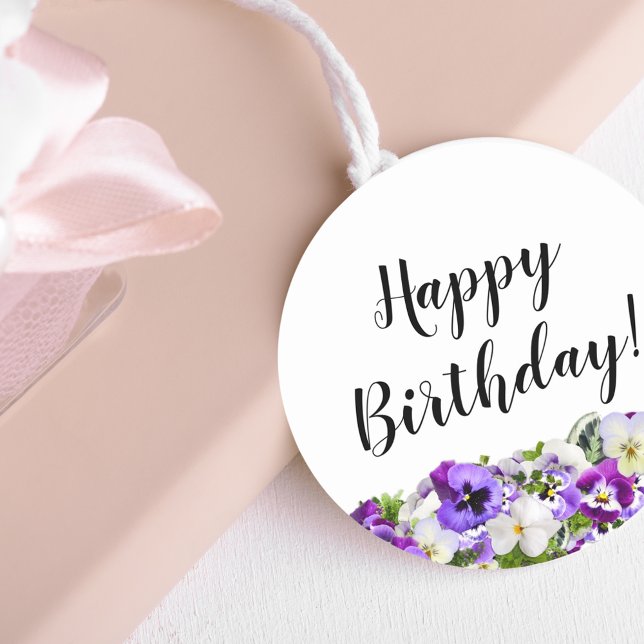Happy Birthday violet pansies flowers white Classic Round Sticker (Creator Uploaded)