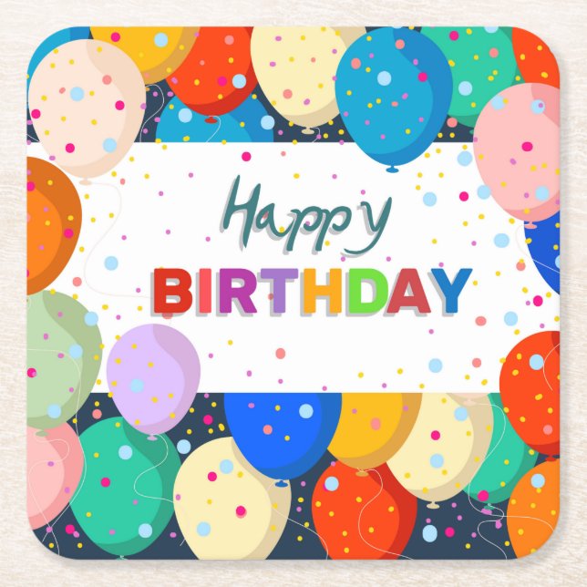 Happy Birthday w/Balloons Square Paper Coaster (Front)
