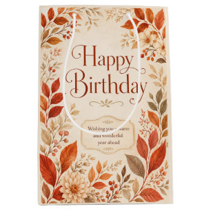 Happy Birthday Warm Autumn Botanical Watercolor Medium Gift Bag
