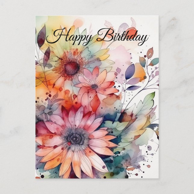 Happy Birthday Watercolor Abstract Flowers  Postcard (Front)