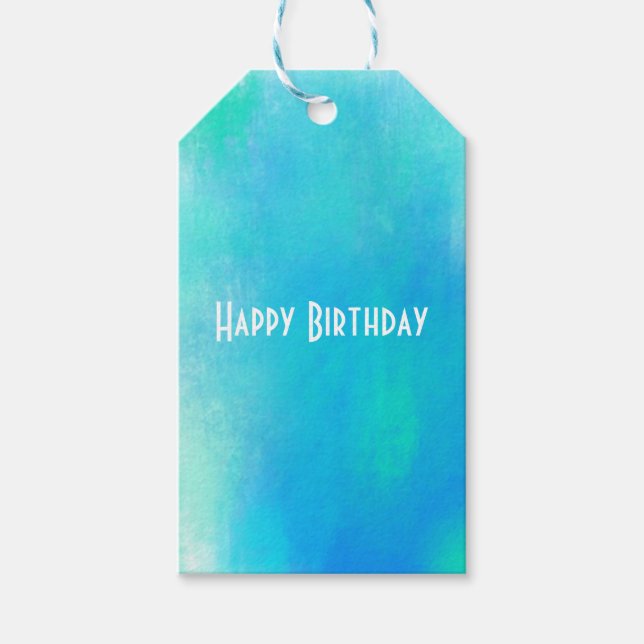 Happy Birthday Watercolor Abstract Green and Blue Gift Tags (Front)