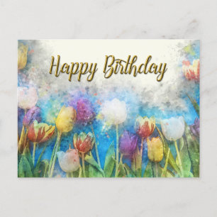 Happy Birthday Watercolor Abstract Tulip Flowers  Postcard